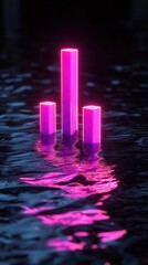 Wall Mural - Three glowing pink pillars reflecting in dark water.