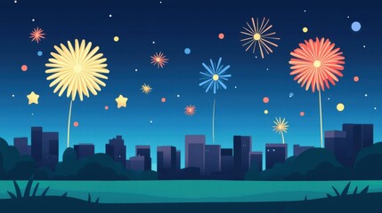 Canvas Print - Celebrate Independence Day with a vibrant horizontal banner featuring fun, modern fireworks for a festive touch.