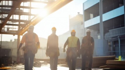 Poster - Construction workers in helmets and safety vests walk through an unfinished building at sunset, discussing work and showcasing teamwork on the site