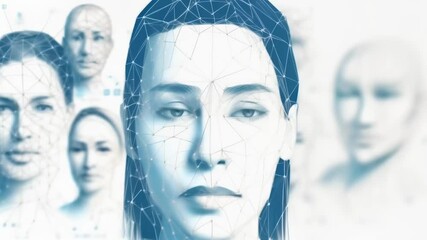 Aufkleber - Facial recognition technology scanning a woman's face, creating a biometric profile for security purposes against a background of other faces