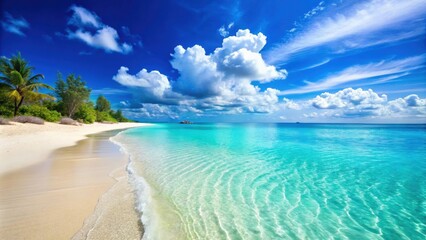 Idyllic beach paradise with crystal blue waters, pristine sand, and calm waves, tropical, paradise, beach, ocean, summer