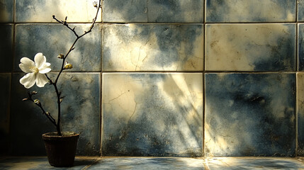 Poster - A single white flower blooms in a small pot against a blue tiled wall.