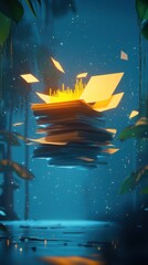 Wall Mural - A stack of glowing papers hovering in a mystical, forest-like environment.