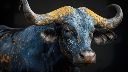 Close-Up Portrait of an African Buffalo with Striking Black and Gold Horns