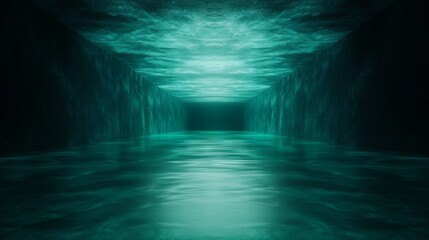 Wall Mural - Dark blue tunnel of underwater reflection, sunlight rays pierce through waves, creating a path of light in the deep ocean