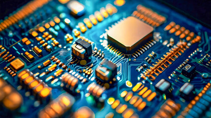 AI-generated Image of electronic circuitry a closeup of interconnected electronic components, such as resistors, transistors, capacitors, inductors, and diodes