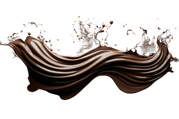 Wall Mural - Rich, dark chocolate splashing in a long, flowing wave pattern with droplets suspended isolate on white background.