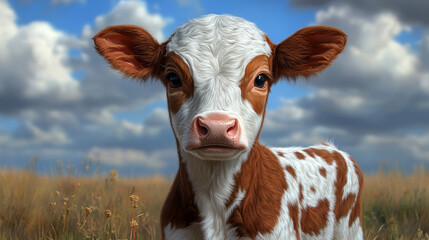 Poster - A young brown and white calf looks directly at the camera with a soft, curious expression.