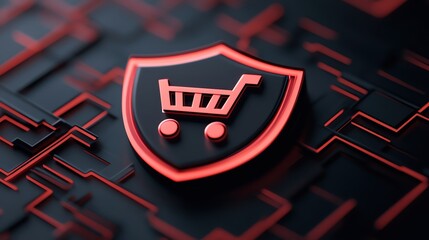 Poster - A digital shopping cart icon within a protective shield, representing e-commerce security.