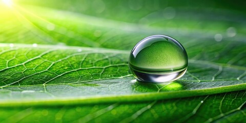 A close-up photograph of a single droplet of water on a leaf, symbolizing the essence of life and a drop of hope, water, droplet