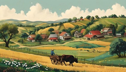 Wall Mural - Rural landscape showcasing traditional village life with farmer guiding oxen cart through picturesque fields