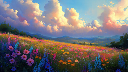 Wall Mural - charming floral landscape artwork with vibrant flowers and stunning cloudscapes