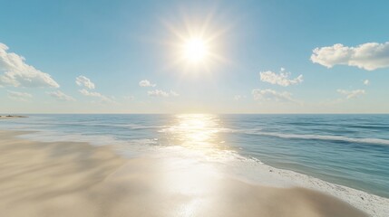 Sunny beach with clear blue water and white clouds.