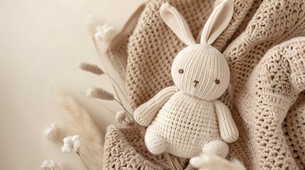 wooden knitted bunny beanbag teether on baby girl clothing on beige background