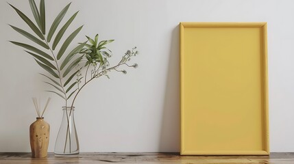 yellow frame with two tropical plant green fresh dracaena houseplant in a flowerpot and dry Eucalyptus branch in glass vase against white wall on a wooden table