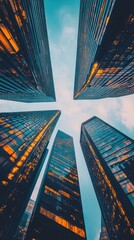 Poster - A dramatic view of skyscrapers converging towards the sky, showcasing modern architecture.