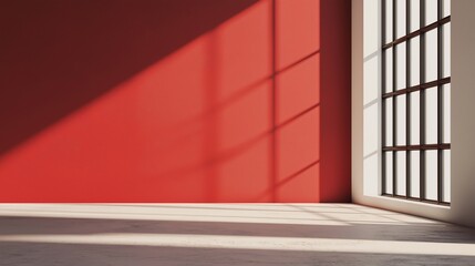 Poster - Bright Red Wall with Window Shadows in Modern Space