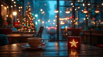 A cup of coffee on a table in a cozy cafe with a Christmas tree and lights in the background.