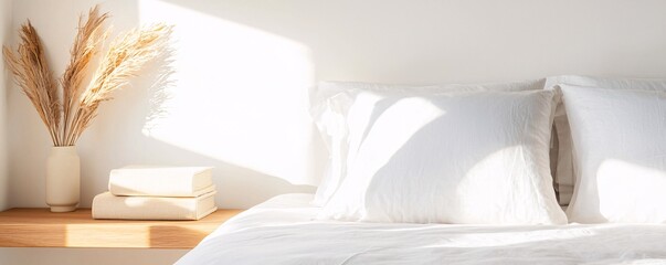 Poster - Serene Minimalist Bedroom with Neutral Tones and Built-in Storage - Organized Space for a Calm Peaceful Environment with Minimal Clutter