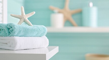 Poster - Bright Coastal-Style Bathroom with Nautical Touches - Organized Space Featuring Crisp White Elements and Smart Storage for a Relaxing Ambiance