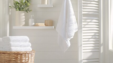 Poster - Coastal Serenity Organized Bright Bathroom with Smart Storage and Crisp White Decor for a Relaxing Vibe