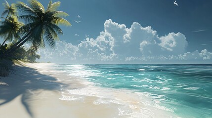 Wall Mural - Tropical beach with palm trees, white sand and crystal-clear blue water under a cloudy sky.