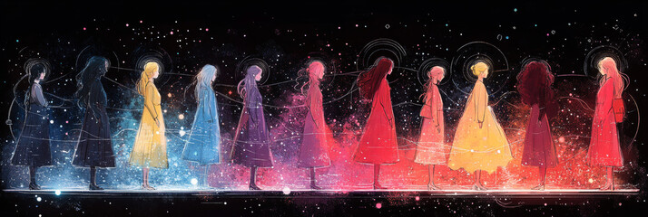 A line of women in colorful dresses walk through a magical galaxy.