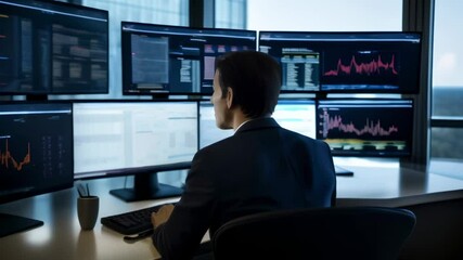 Fototapete - Stock market broker in a suit is working at his desk analyzing data on multiple computer screens with graphs and charts