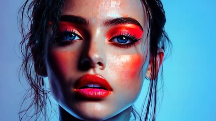 Poster - Vibrant Portrait of a Young Woman With Striking Makeup in Neon Hues Generative AI