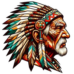 an old man of american indian with traditional headwear - handdrawn illustration (artwork 1)