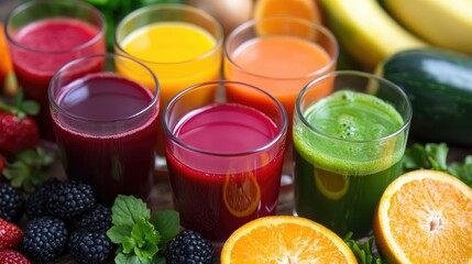 A healthy spread of colorful fruit and vegetable juices, symbolizing freshness and nutrition.