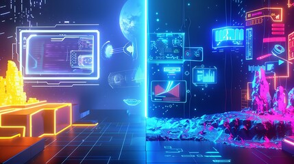 Poster - Abstract futuristic neon digital space.