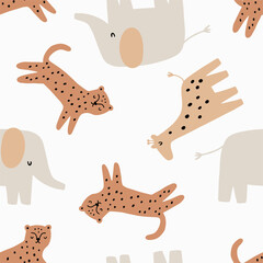 safari animals cute illustration in doodle style. outline hand drawn print. african leopard, giraffe