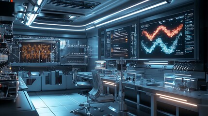 Aufkleber - Futuristic laboratory interior with advanced equipment and monitors displaying data.
