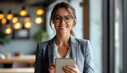 Confident businesswoman smiling while using tablet in modern workspace, exuding professionalism and positivity in casual attire with glasses