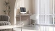 © Sue Tansirimas - Modern wooden working desk with computer, lamp with chair against mirror wall in sunlight from window with sheer curtain on beige wall living room for interior design decoration, product background 3D
