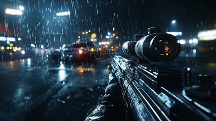 First-Person View of a Sniper Rifle in a Rainy City at Night