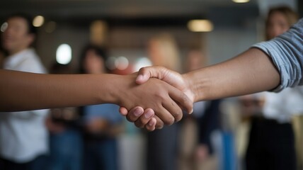 Close-up of two people shaking hands, focus on interaction in indoor setting