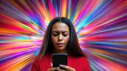 Poster - Woman With Long Hair Looks Intently at Her Smartphone Screen Generative AI
