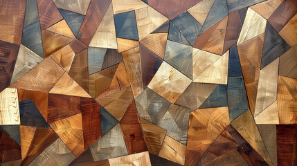 Poster - Abstract wooden mosaic made of various shades of wood tiles, arranged in a geometric pattern to create a modern, artistic texture. wood background 