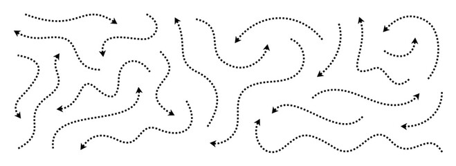 Aufkleber - Black dotted thin arrows set. Wavy and curved dashed pointers collection. Wiggly sketchy direction lines. Dots squiggle stripe design elements bundle for flyer, poster, brochure. Vector