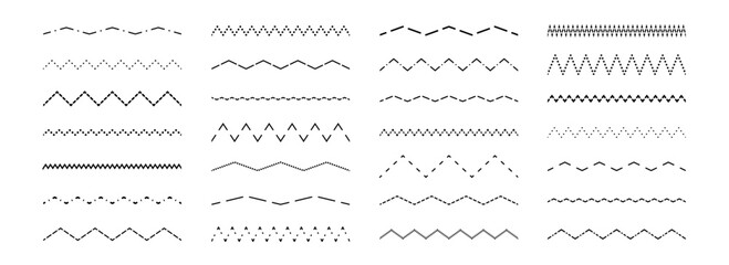 Aufkleber - Dashed wavy and zig zag line set. Dotted dividers or separators design element collection. Broken stroke pack for underline, emphasis, highlight. Repeated dash zigzag lines bundle. Vector