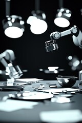 Canvas Print - A robotic arm reaches for a small object in a dimly lit room surrounded by scattered tools and components.