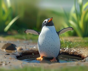 Joyful Penguin Splashing in a Water Puddle