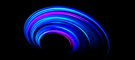 Poster - Glowing neon light trail background. Bright blue purple speed lines. Magic luminous curved swirl concept. Abstract spiral dynamic rotating stripes. Bright streaks for poster, banner, flyer. Vector