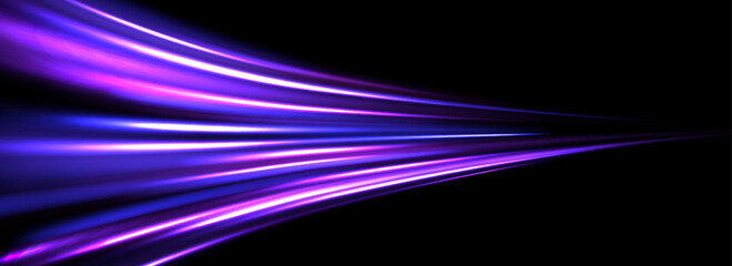 Poster - Neon glowing streak background. Iridescent purple speed light effect. Magic trail flare lines texture. Luminous laser beams and rays wallpaper design. Futuristic neon stream stripes backdrop. Vector