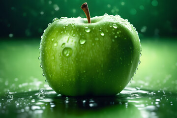 Vivid close-up shot of a green apple with water droplets