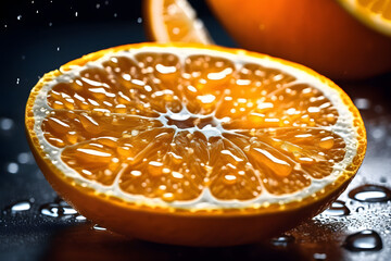 Vivid close-up shot of a orange with water droplet