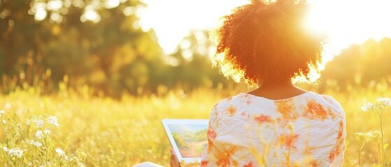 Dreamy Artistic Sunset African American Woman Designing Augmented Reality Landscapes on Tablet in Park