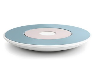 A sleek, circular object featuring concentric design elements in blue and neutral tones, possibly a modern plate or décor item.